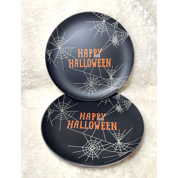Hyde & Eek Happy Halloween Melamine Dinner Plates Spooky Spiderwebs - Set of 4 - Picture 4 of 7